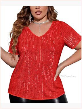 Plus Size Sequin Tunic Top V-Neck Sparkly Shirt for Party XL-5XL